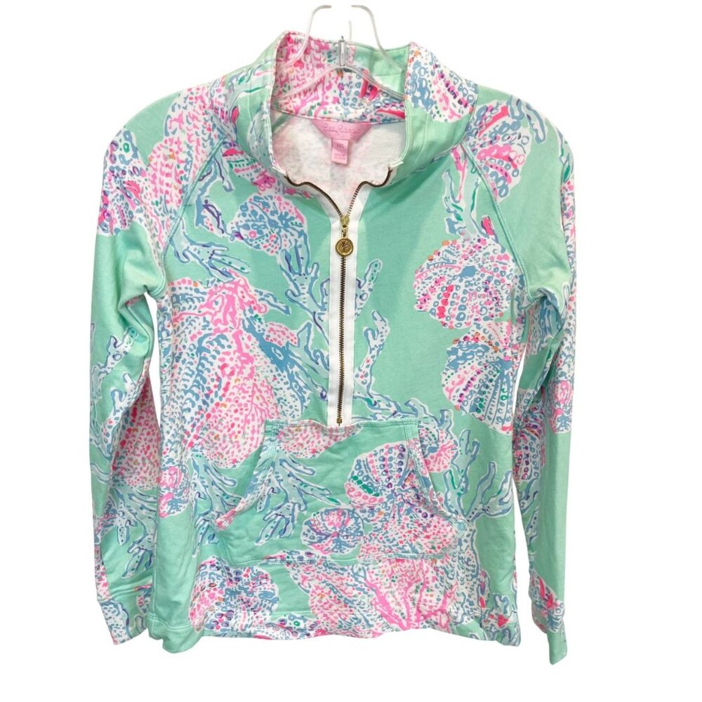 Lilly Pulitzer Skipper Popover Sweatshirt 1/2 Zip Minty Fresh Fansea Coral - XXS